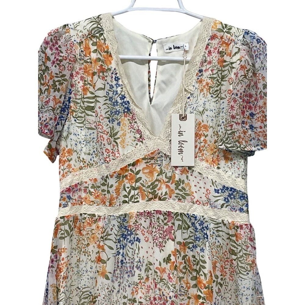 Floral Midi Dress with V-Neck and Short Sleeves - Picture 2 of 7